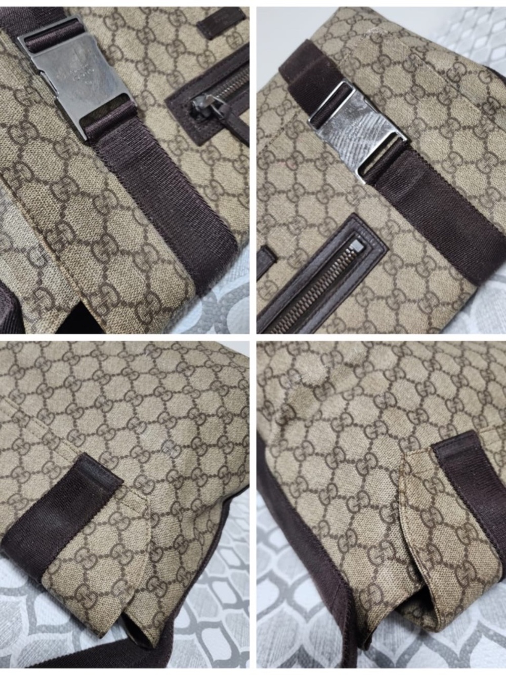 Authentic GUCCI GG Plus Monogram Double Buckle Flap Messenger Bag Beige/Brown - Picture 5 of 15
